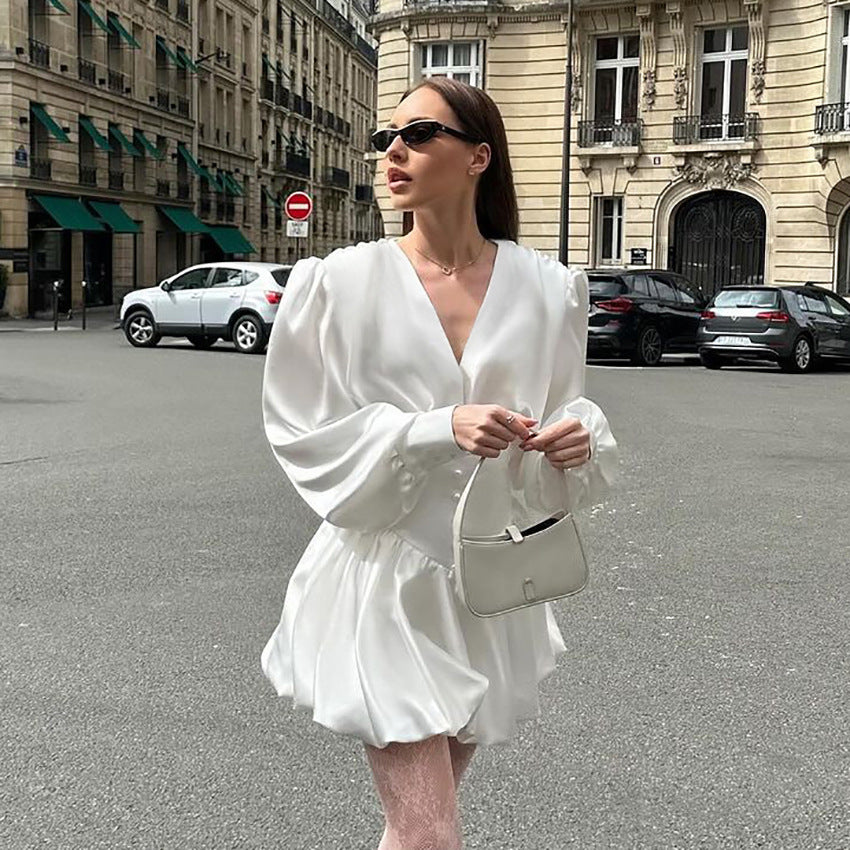 lantern sleeve satin dress Satin Ruffle Lantern Sleeve Midi Dress  JardinVue