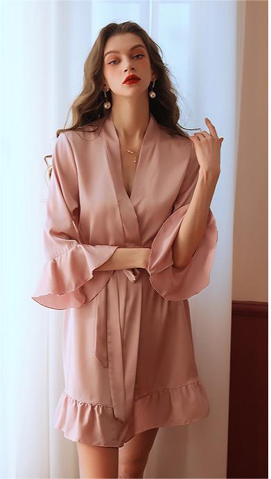 Artificial Silk Lotus Leaf Cuff Cardigan Nightgown