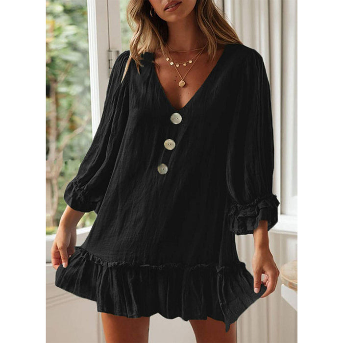 Casual Multi-Button Long Sleeve Dress