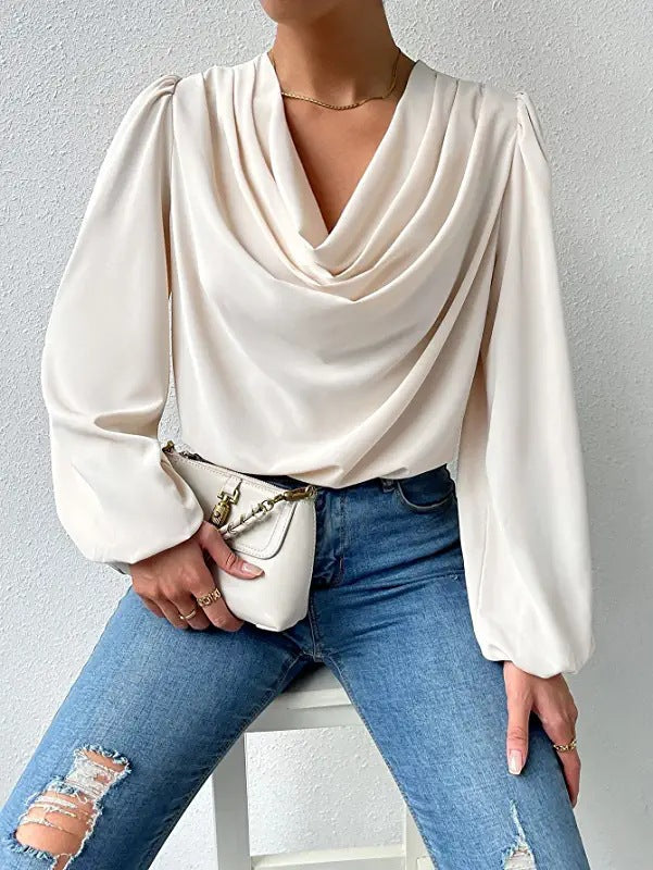 Loose Draped V-Neck Long-Sleeved Top