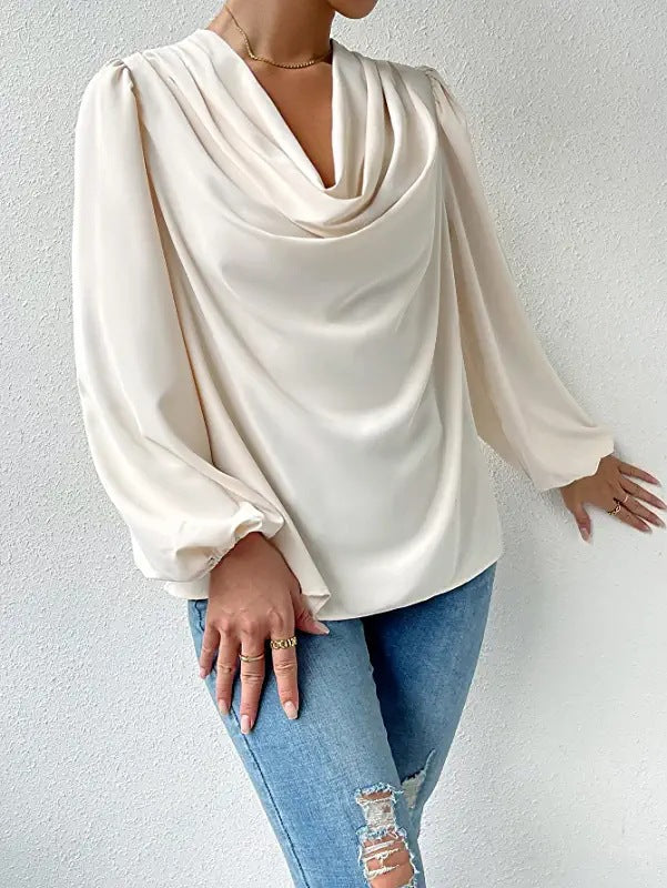 Loose Draped V-Neck Long-Sleeved Top
