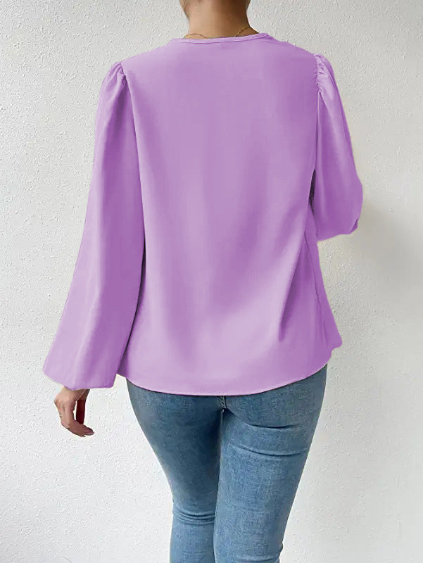Loose Draped V-Neck Long-Sleeved Top
