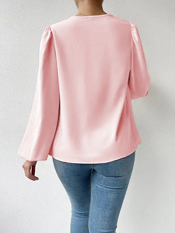 Loose Draped V-Neck Long-Sleeved Top