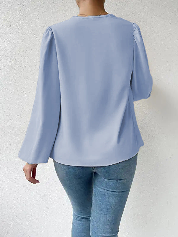 Loose Draped V-Neck Long-Sleeved Top