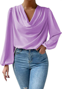 Loose Draped V-Neck Long-Sleeved Top