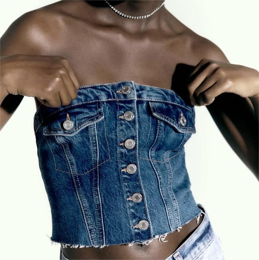Washed Denim Corset Tube Top