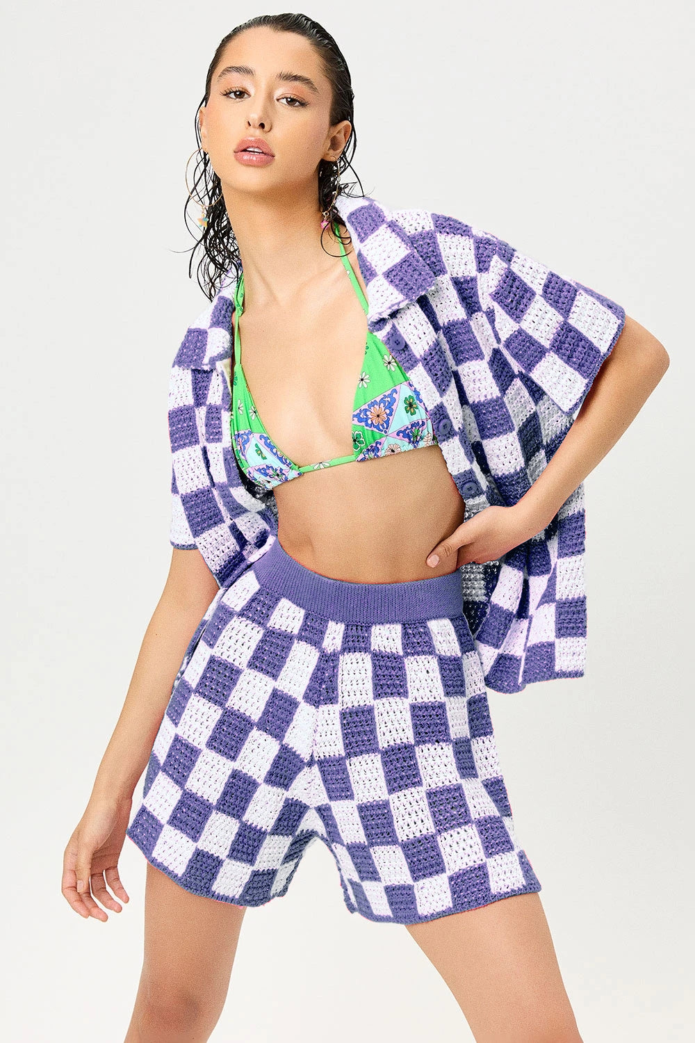 Checkered Knit Shirt &amp; Shorts Set