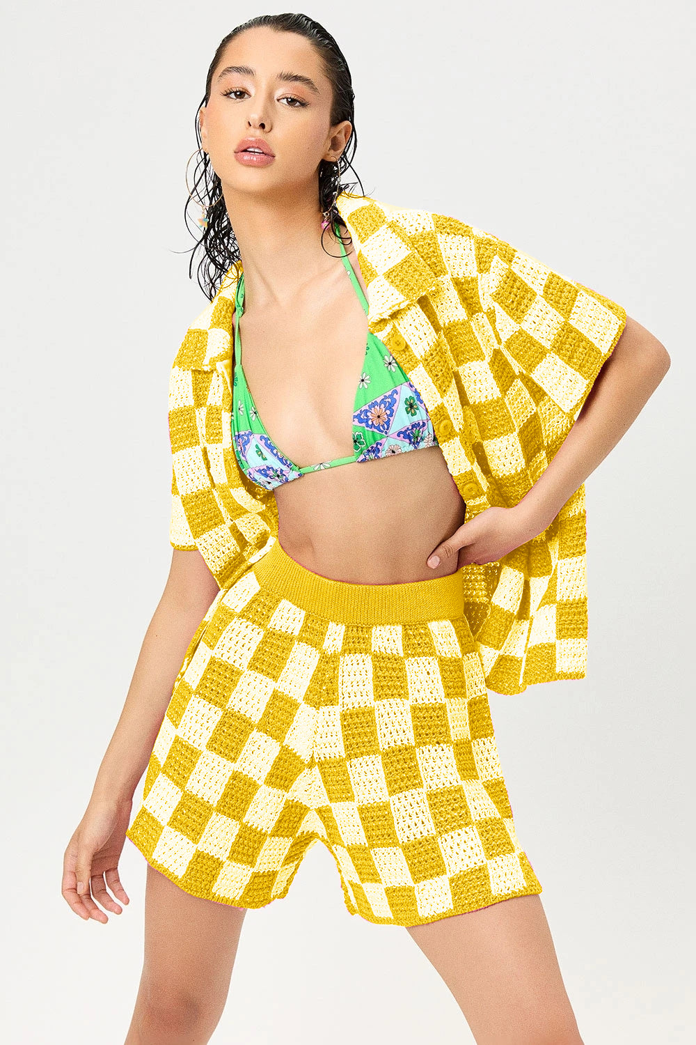 Checkered Knit Shirt &amp; Shorts Set