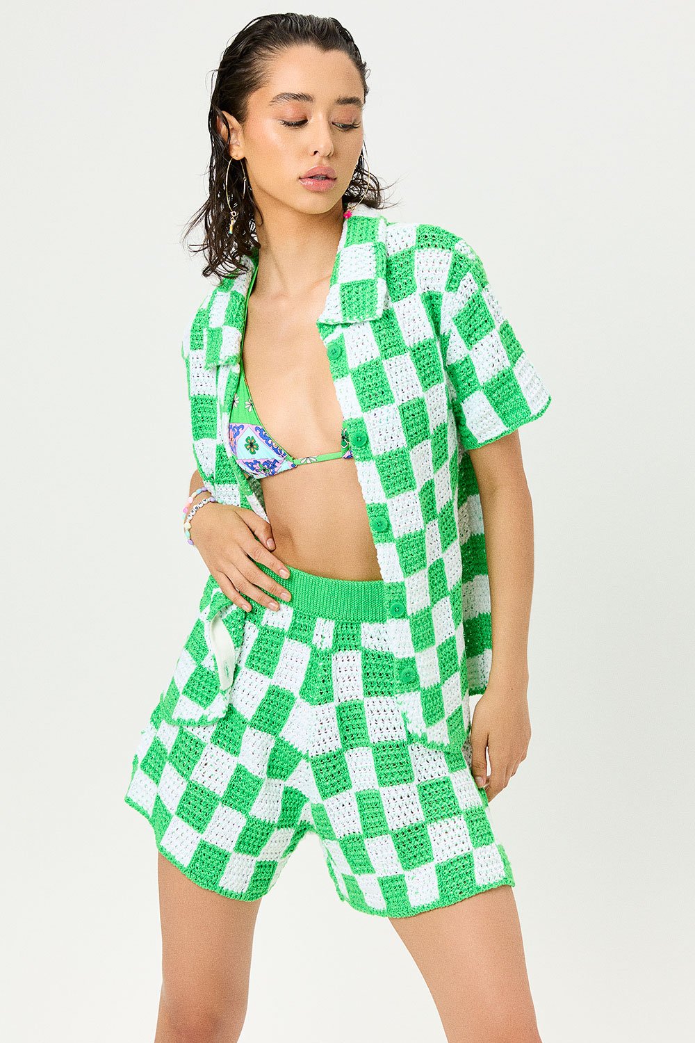 Checkered Knit Shirt &amp; Shorts Set
