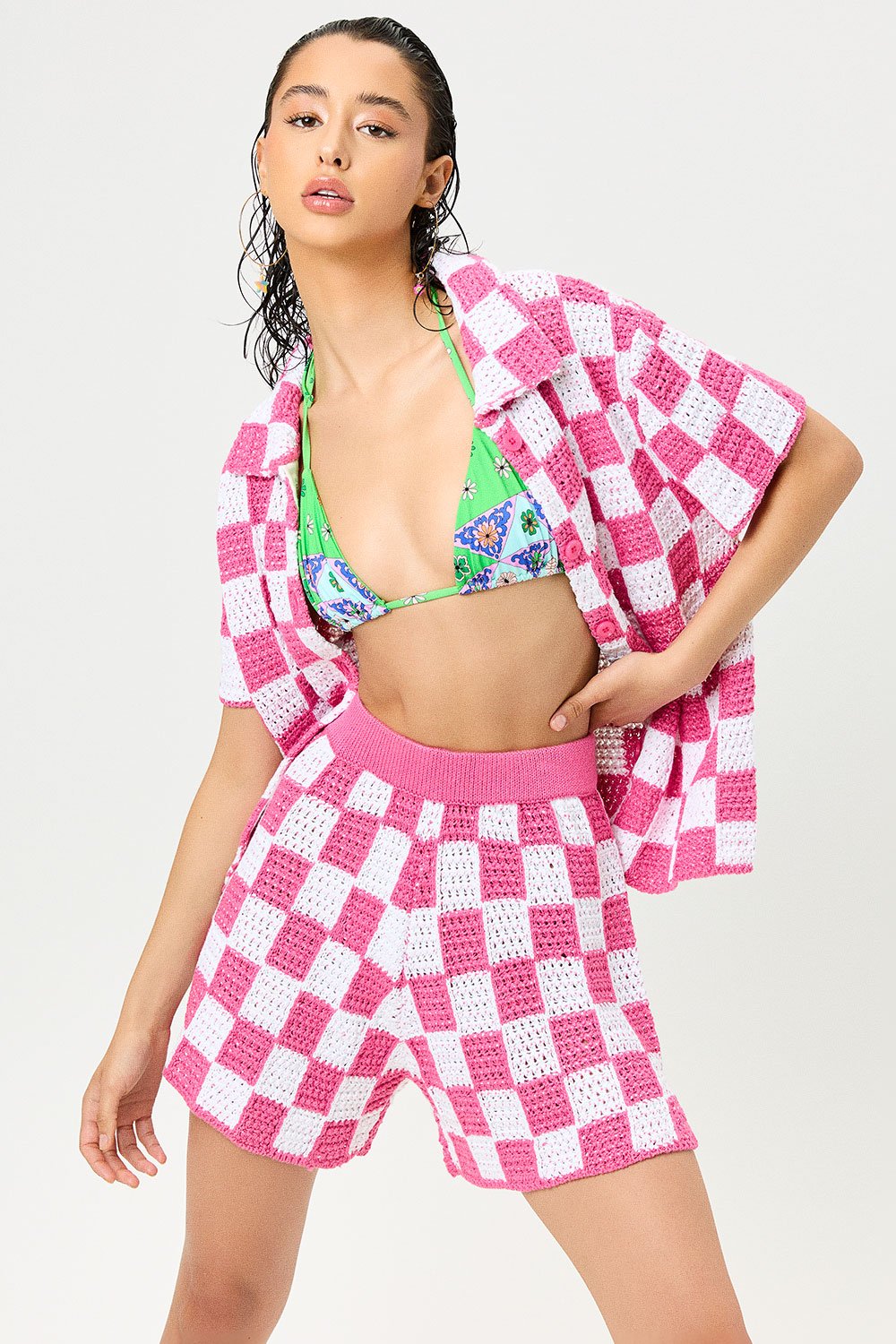 Checkered Knit Shirt &amp; Shorts Set