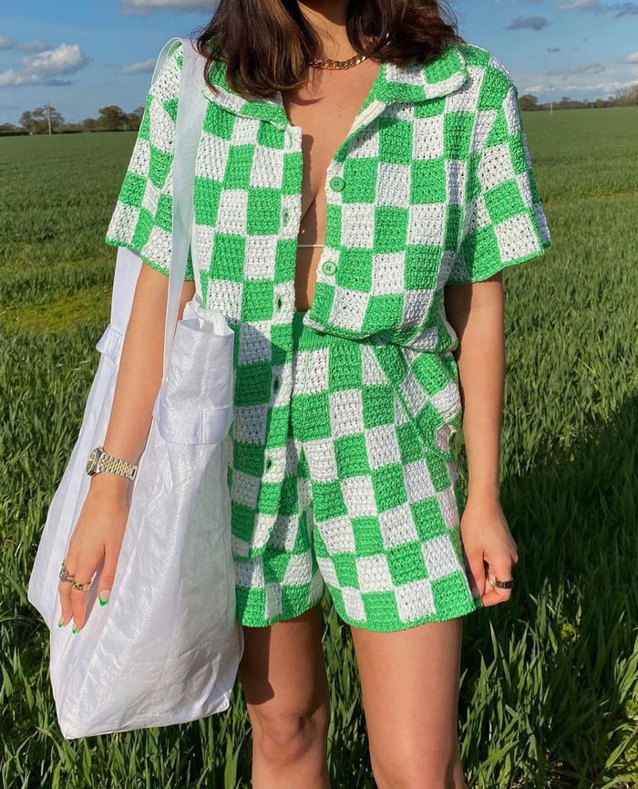 Checkered Knit Shirt &amp; Shorts Set