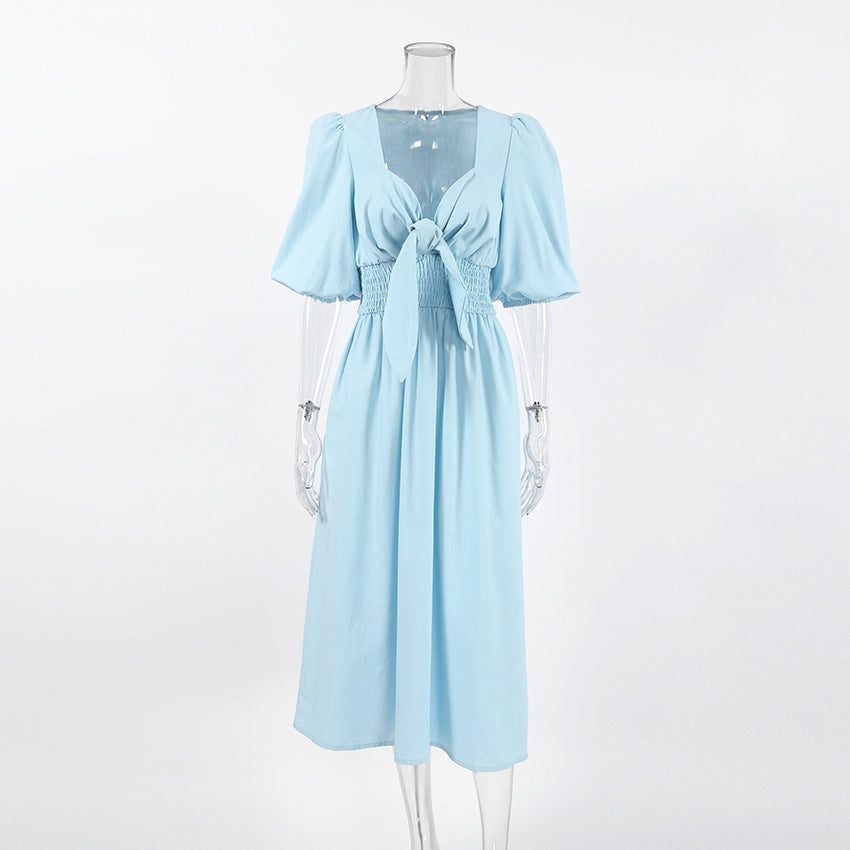 Light Blue Cotton-Linen V-Neck Puff Sleeve Dress