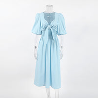 Light Blue Cotton-Linen V-Neck Puff Sleeve Dress