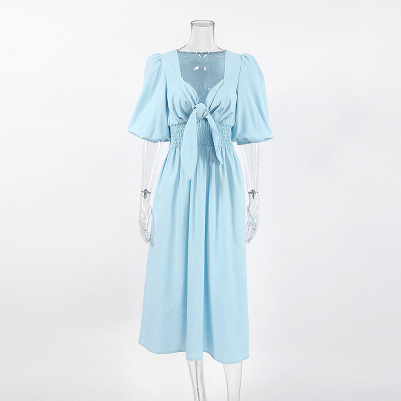 Light Blue Cotton-Linen V-Neck Puff Sleeve Dress