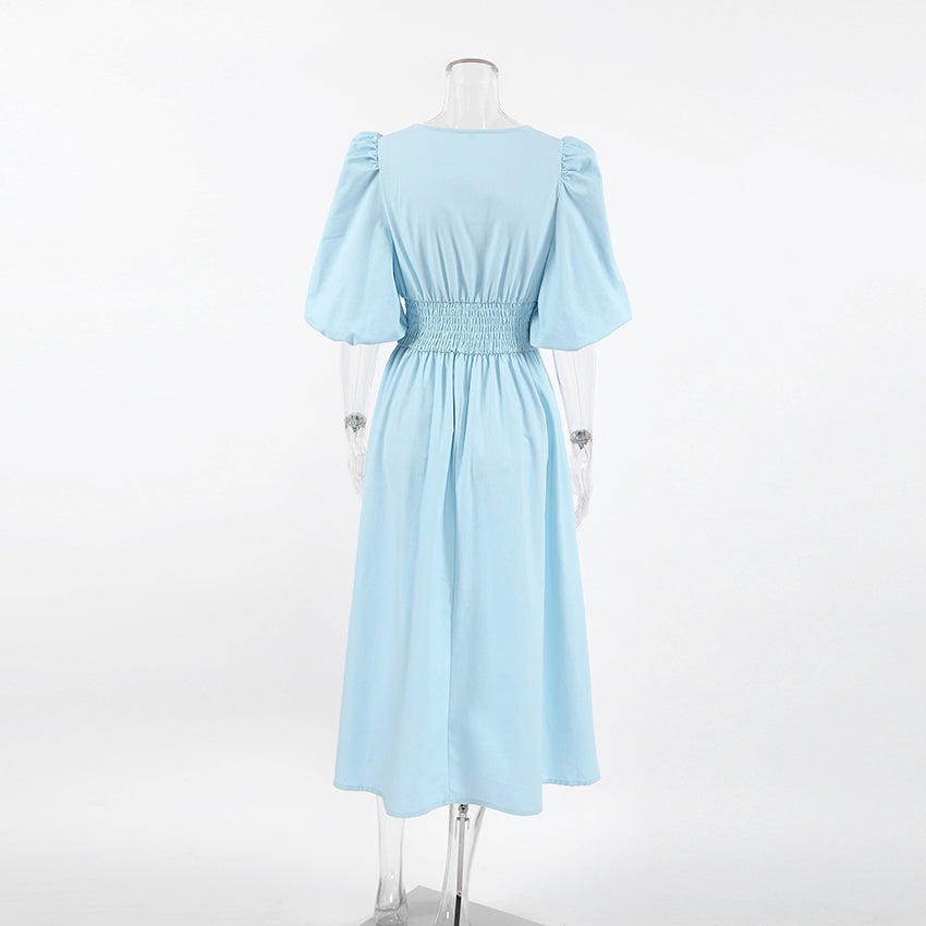Light Blue Cotton-Linen V-Neck Puff Sleeve Dress