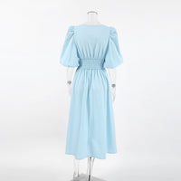 Light Blue Cotton-Linen V-Neck Puff Sleeve Dress