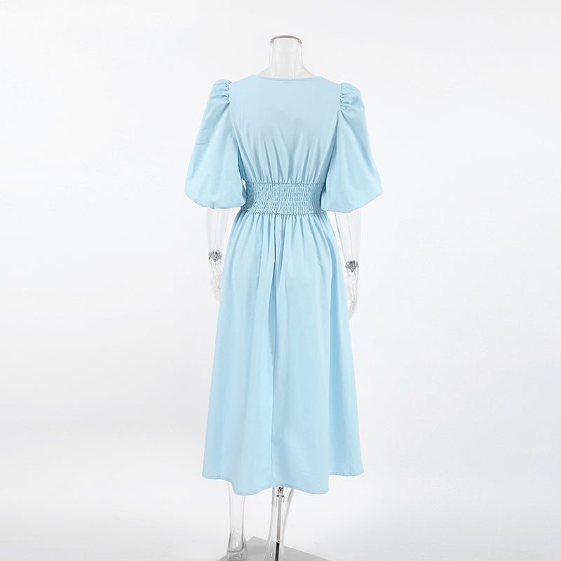 Light Blue Cotton-Linen V-Neck Puff Sleeve Dress