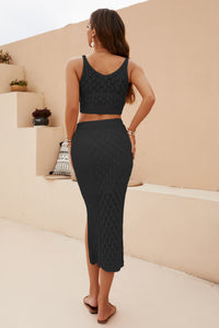 Sleeveless Knit Vest &amp; Slit Skirt Two-Piece Set