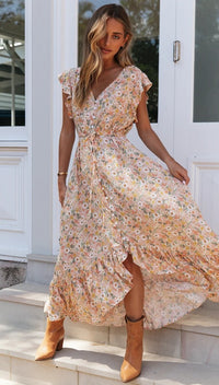 Floral V-Neck Asymmetric Cinched Dress