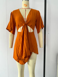 Solid Color Chest Tie-Up Short Dress with Irregular Hem