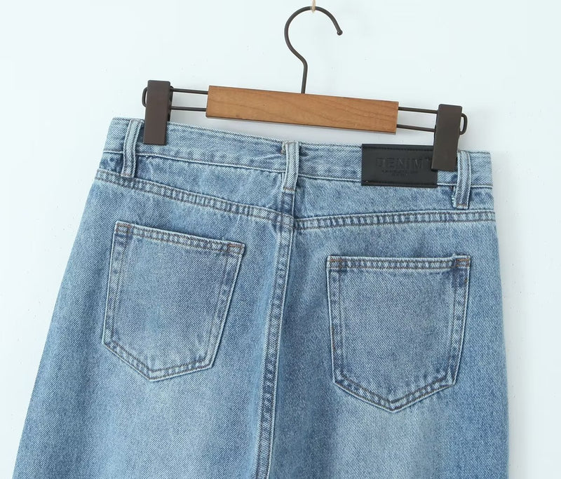 Spring High Waist Casual Micro Elastic Front Slit Slightly Flared Jeans