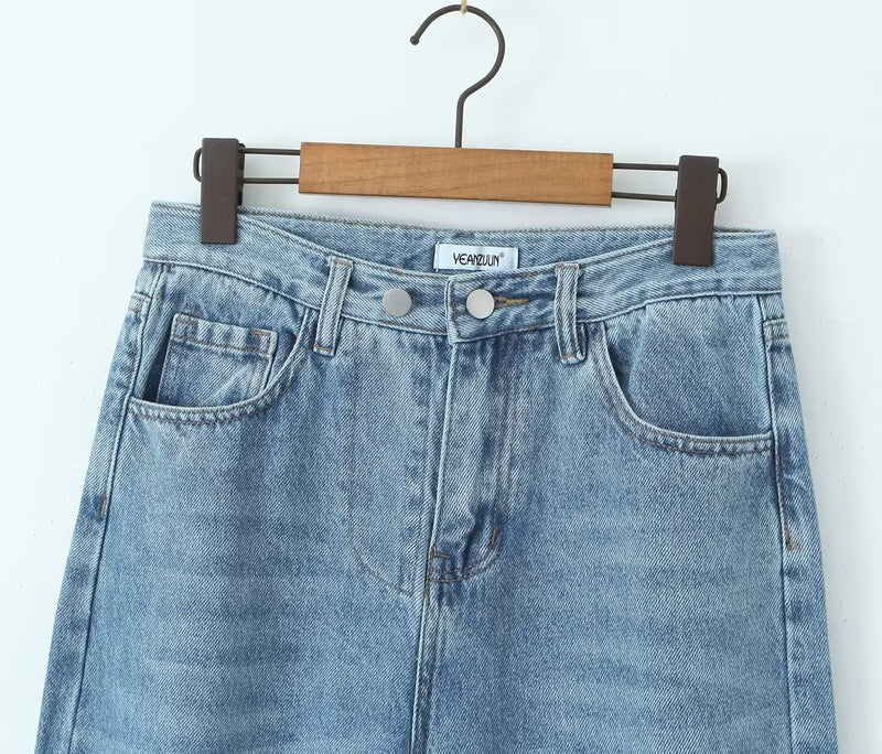 Spring High Waist Casual Micro Elastic Front Slit Slightly Flared Jeans
