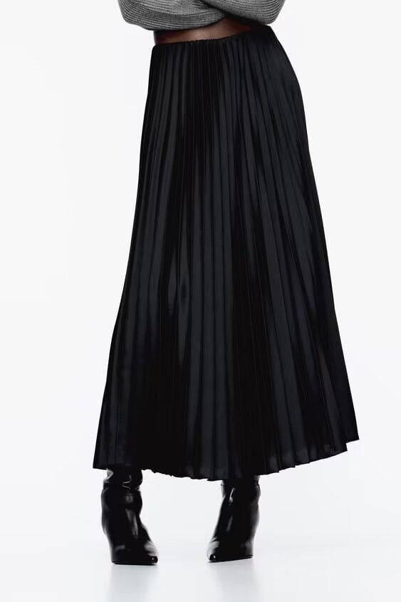 Silk Satin Pleated Long Skirt