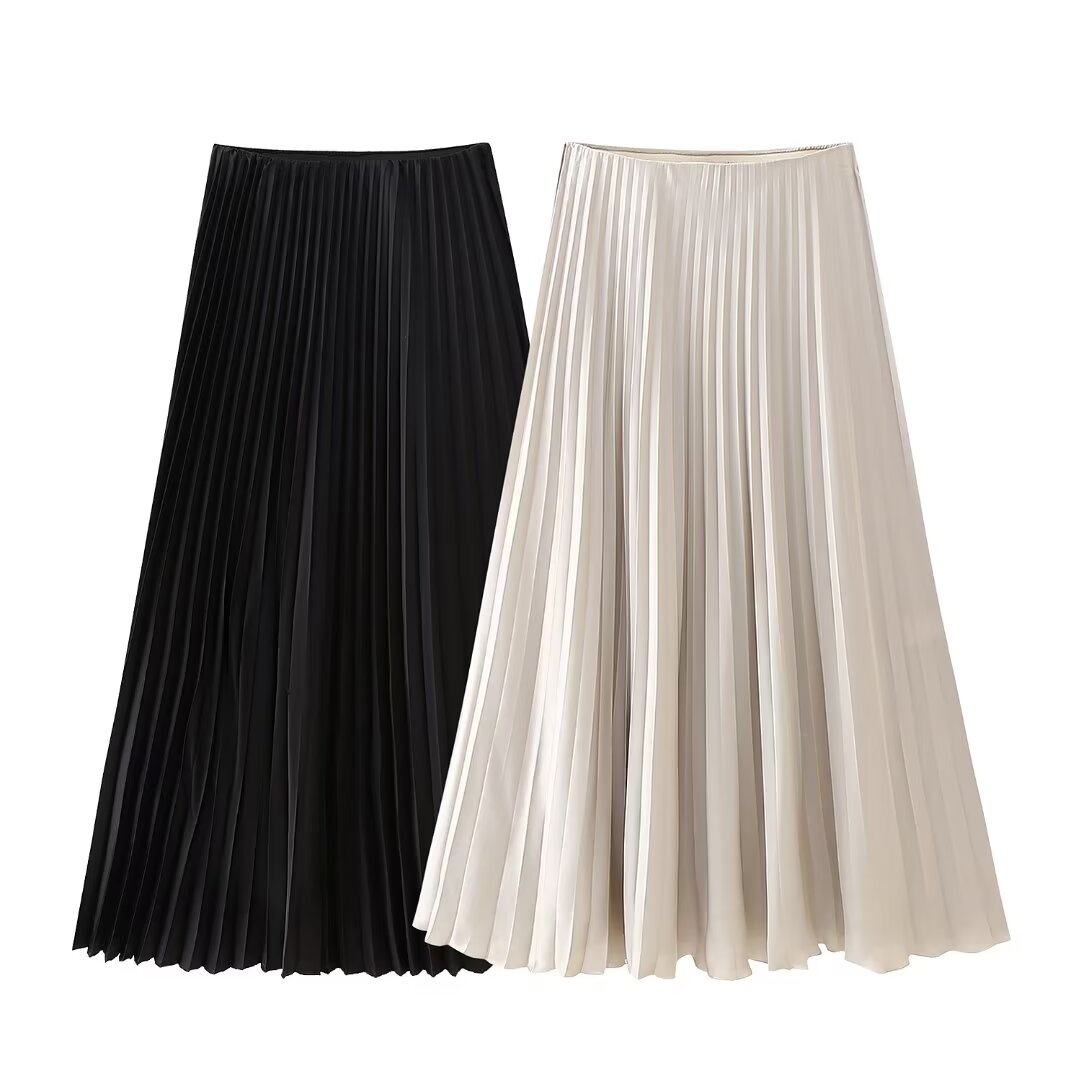 Silk Satin Pleated Long Skirt