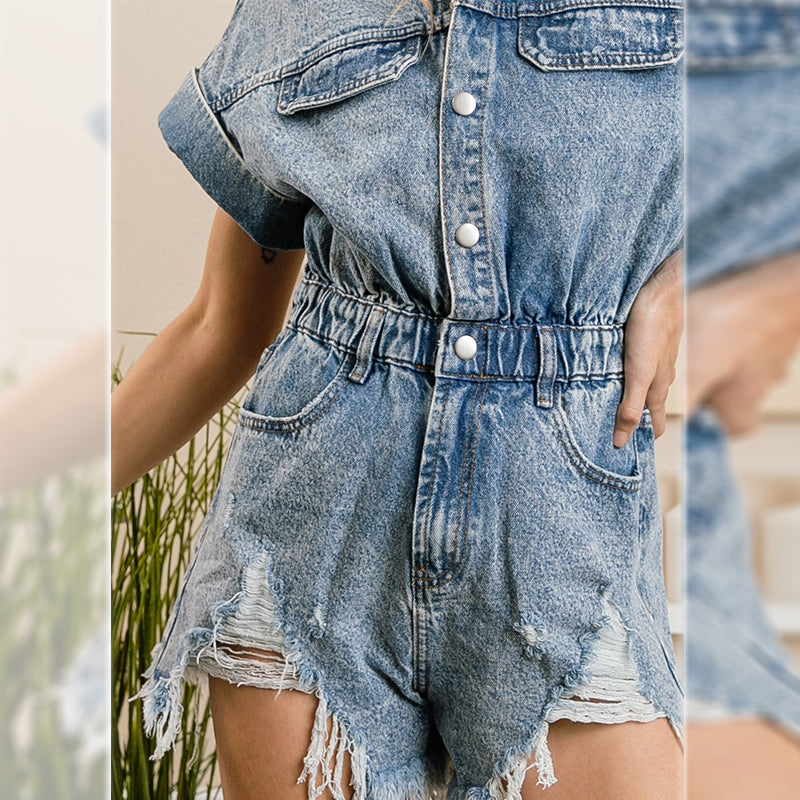 Ripped Denim Romper with Elastic Waist