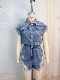 Ripped Denim Romper with Elastic Waist