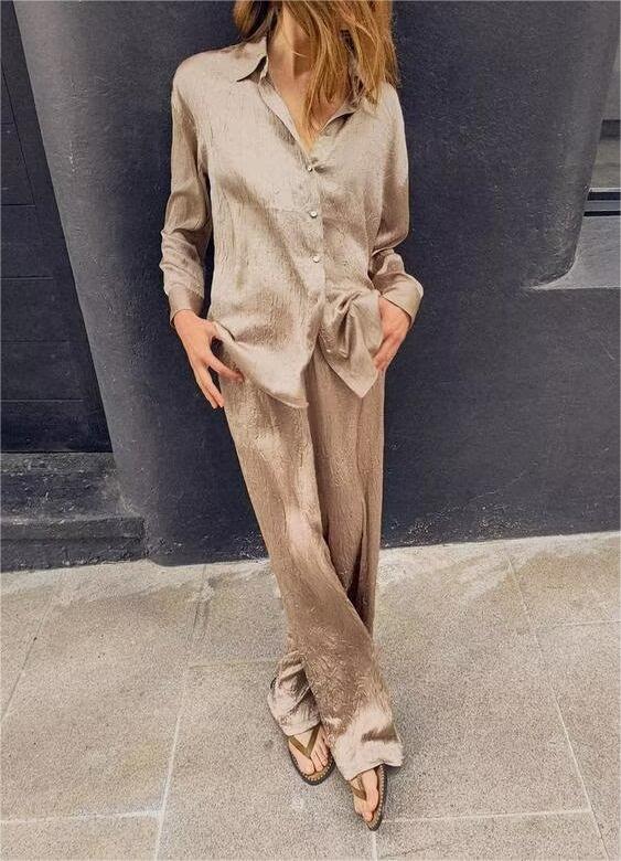 Silk Satin Textured Shirt &amp; Straight-Leg Pants Set