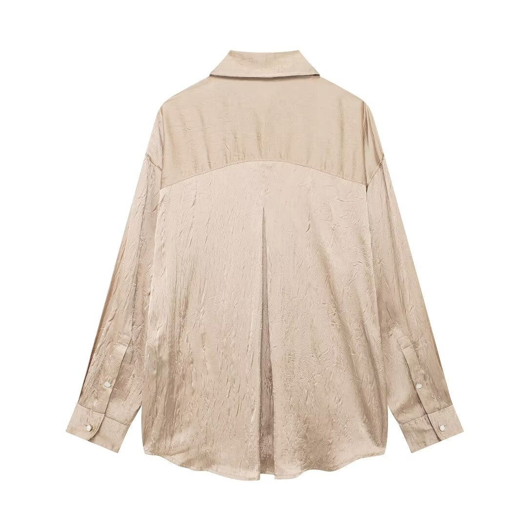 Silk Satin Textured Shirt &amp; Straight-Leg Pants Set