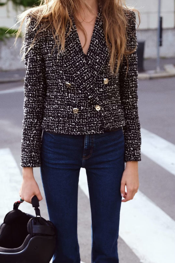 Spring Short Textured Double-Breasted Blazer