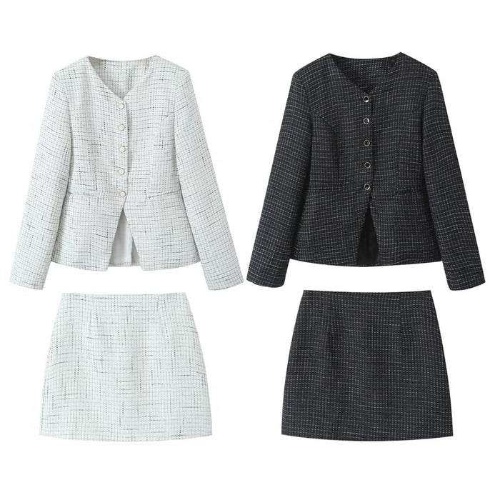 Tweed Plaid Blazer and High-Waist Skirt Set