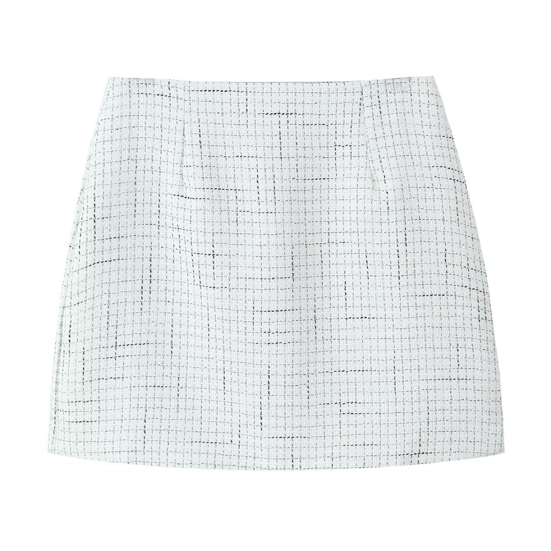 Tweed Plaid Blazer and High-Waist Skirt Set