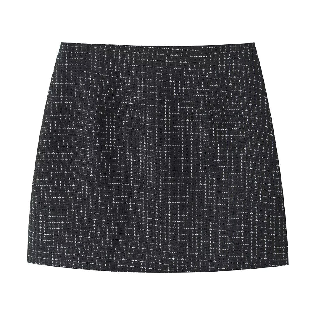 Tweed Plaid Blazer and High-Waist Skirt Set