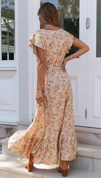 Floral V-Neck Asymmetric Cinched Dress