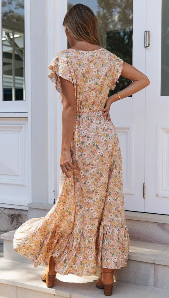 Floral V-Neck Asymmetric Cinched Dress