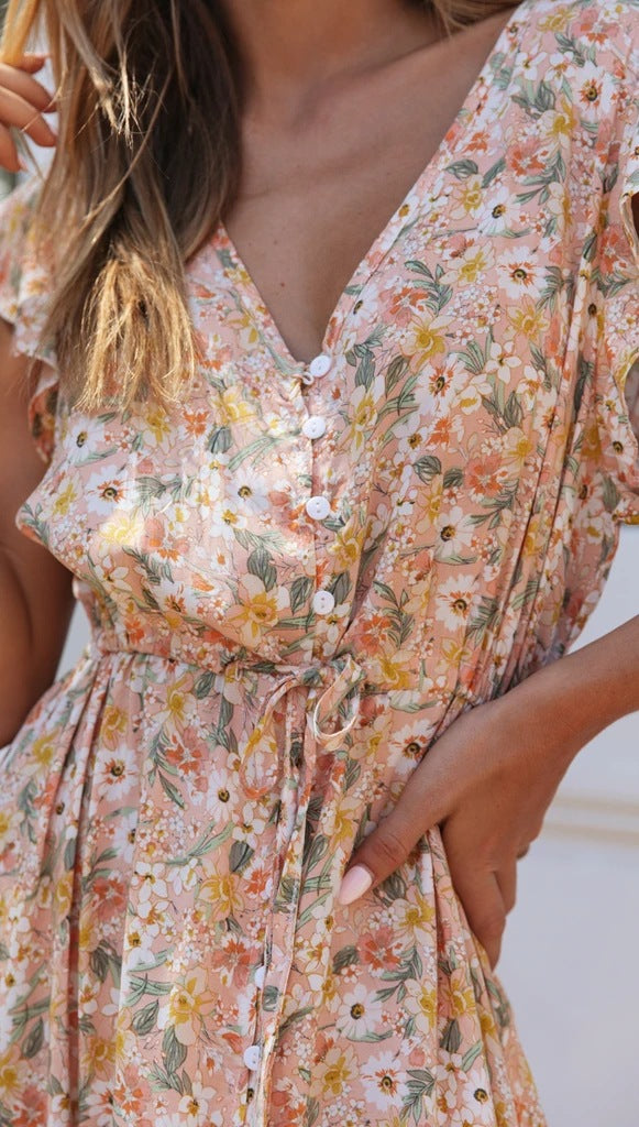 Floral V-Neck Asymmetric Cinched Dress