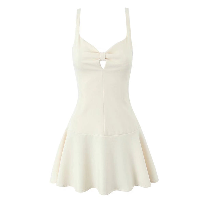 Retro Solid Color Bow Hollow Out Dress
