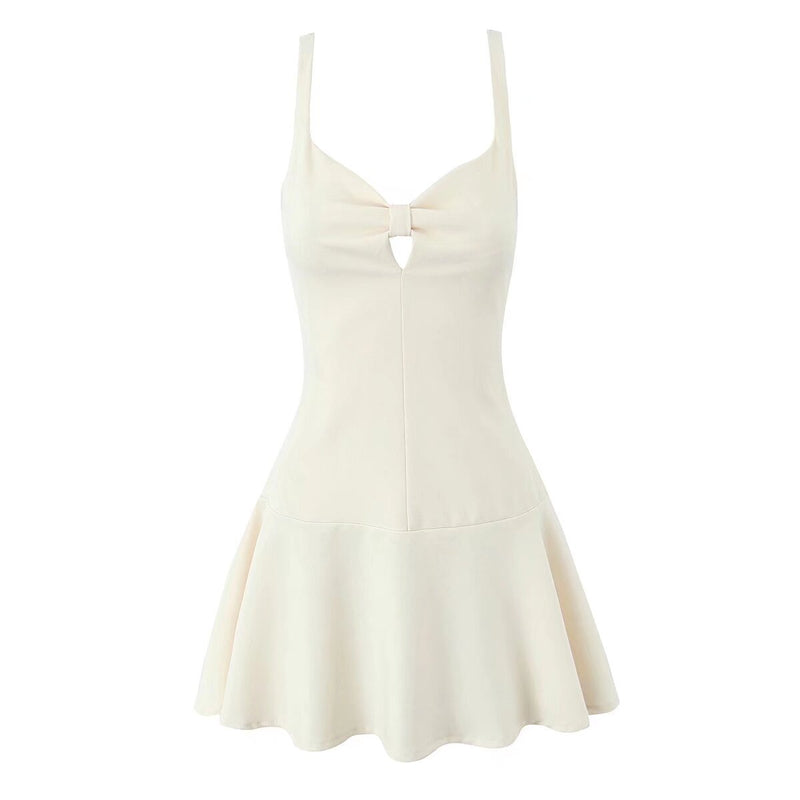 Retro Solid Color Bow Hollow Out Dress