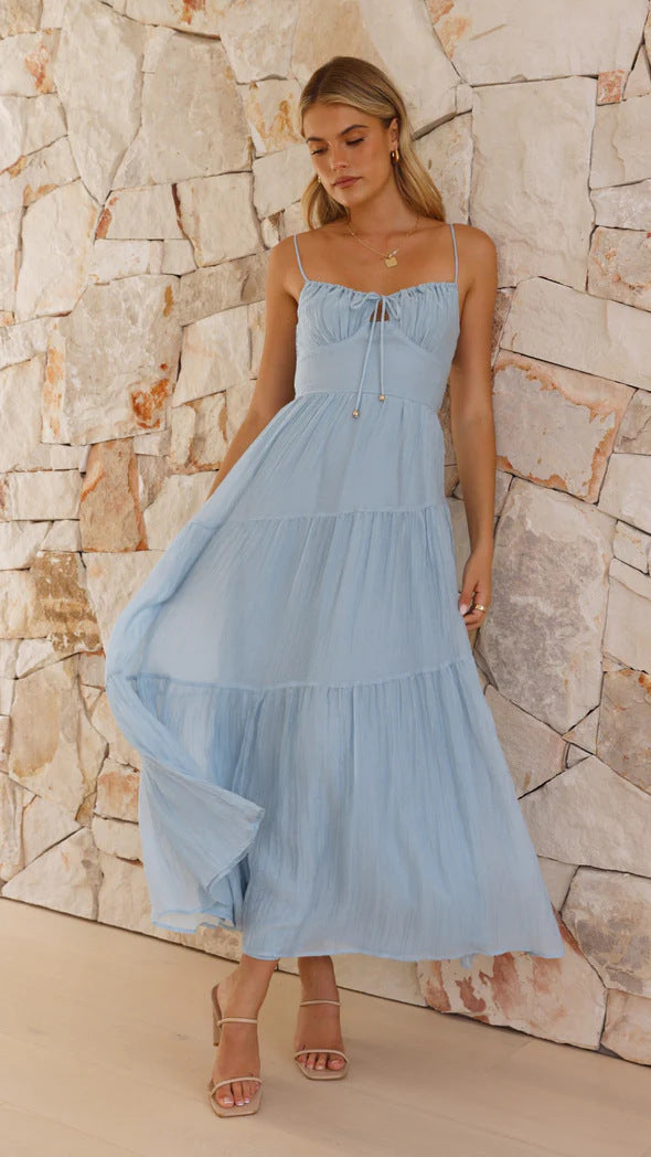 Sleeveless Splicing Sling Long Backless Lace-Up Large Swing Dress