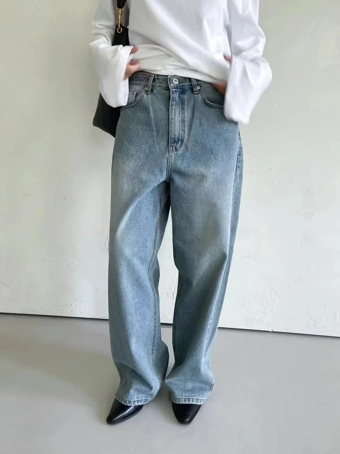 Women Spring Sexy Idle One-Breasted Washed Straight Loose Wide Leg Jeans