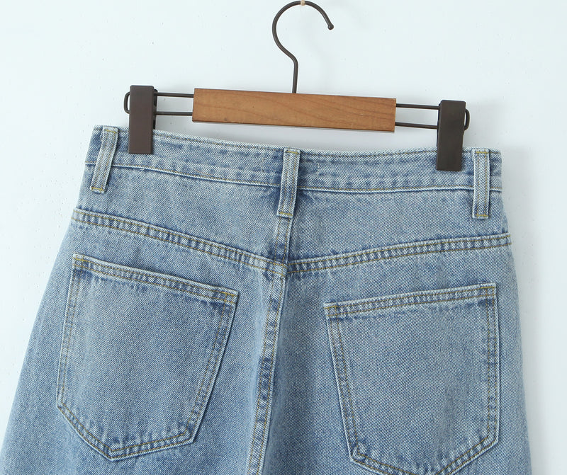 Women Spring Sexy Idle One-Breasted Washed Straight Loose Wide Leg Jeans