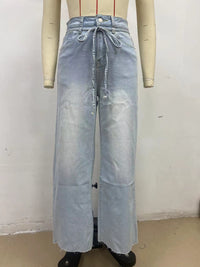 Women Casual High Waist Lace up Washed Straight Jeans