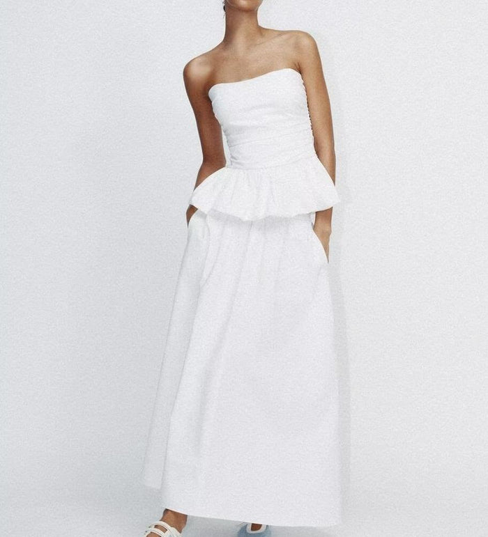 Pleated Wavy Poplin Tube Top and High-Waist Midi Skirt Set
