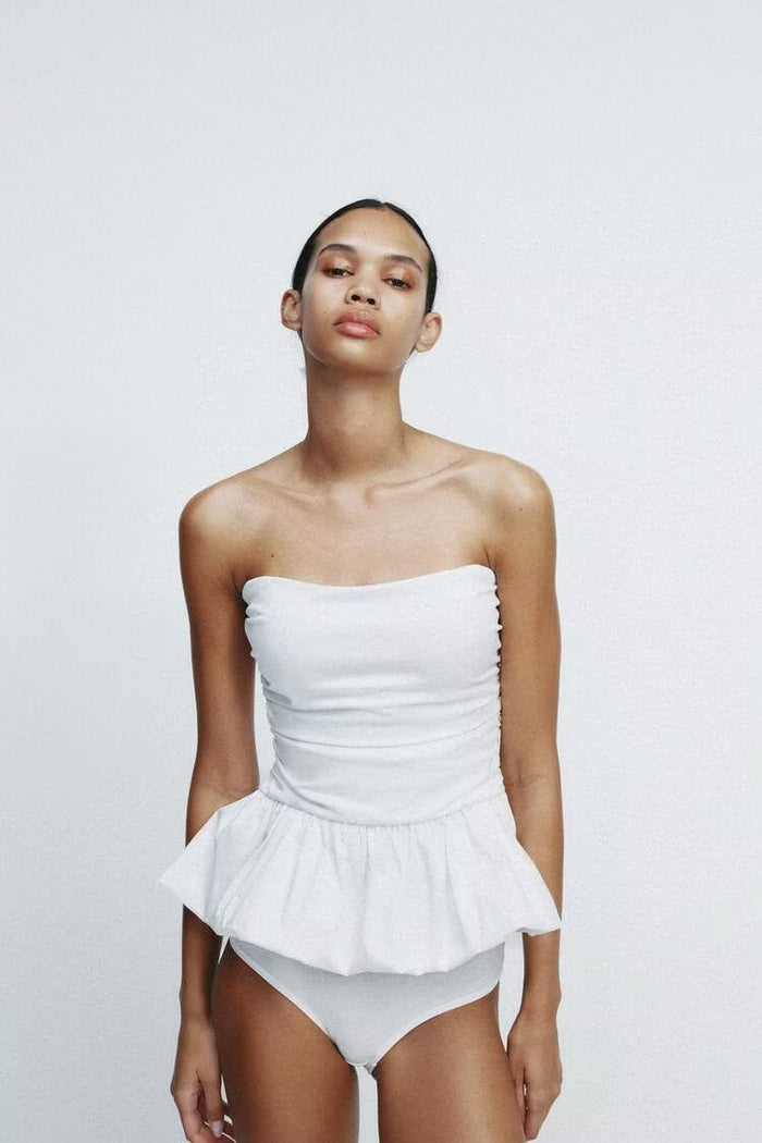 Pleated Wavy Poplin Tube Top and High-Waist Midi Skirt Set
