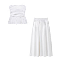 Pleated Wavy Poplin Tube Top and High-Waist Midi Skirt Set