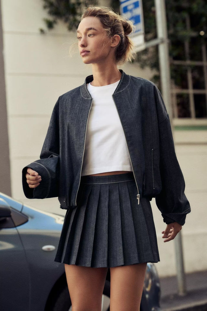 Denim Jacket Coat &amp; Pleated Skirt Two-Piece Set