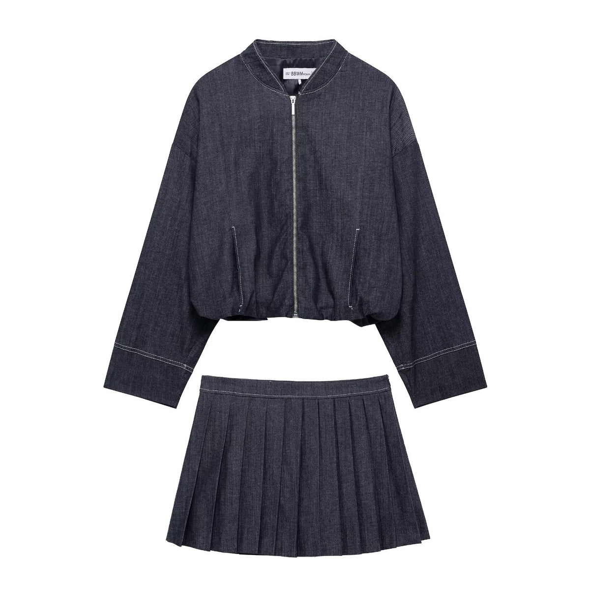 Denim Jacket Coat &amp; Pleated Skirt Two-Piece Set
